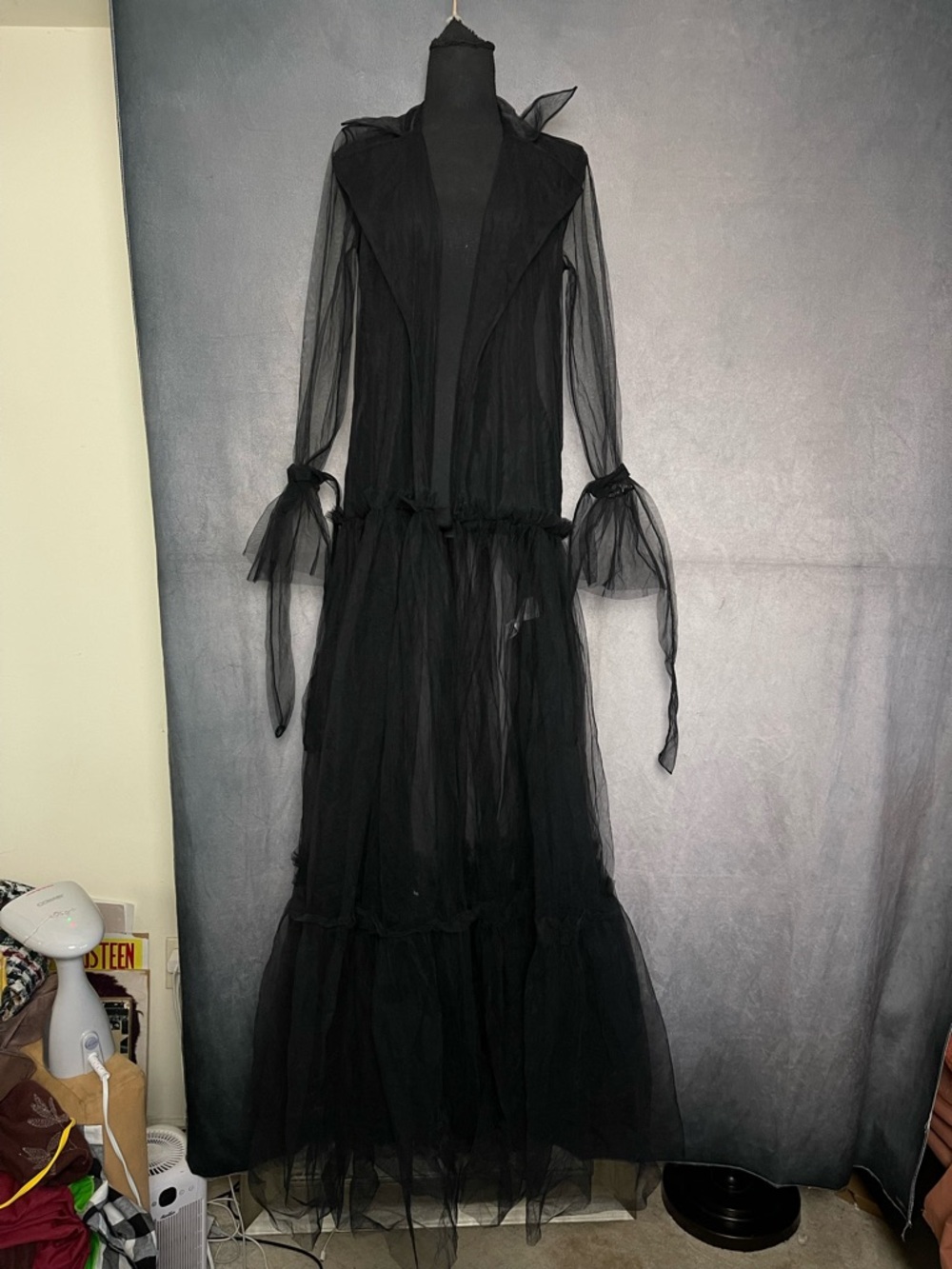 Sheer Black Tulle Maxi Dress with Tie Cuffs